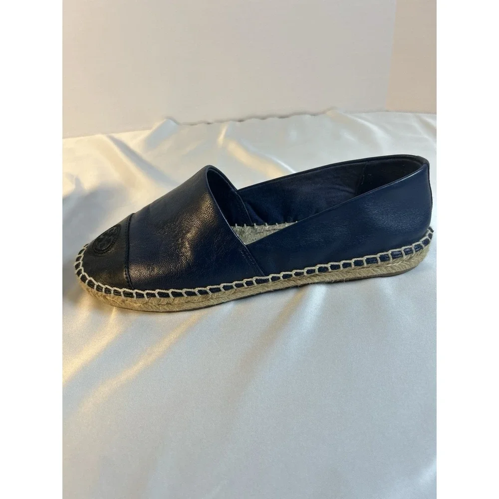 Tory Burch Women Navy Black Leather Cap Toe Espadrille Flats Sz 7 Elegant Preppy